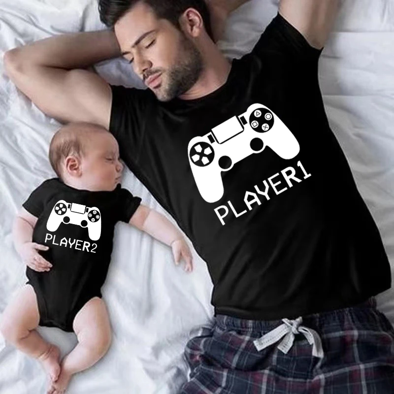 Player 1/2/3/4 Funny Father Daughter Son Family Look Shirt Cotton Short Sleeve Tee For Daddy Baby Romper Family Matching Clothes 3