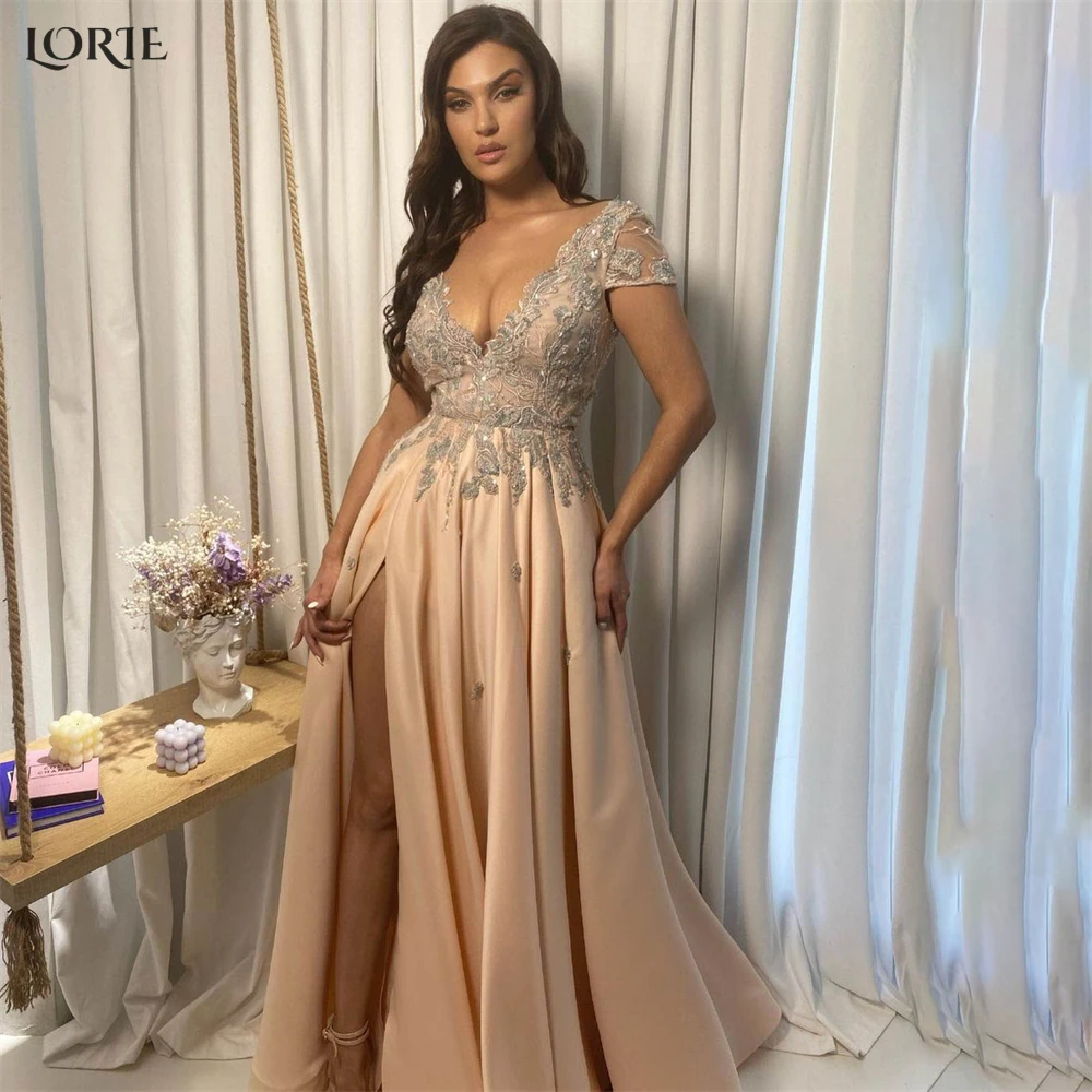 

LORIE Sexy Glitter Lace Formal Prom Dresses Side Slit Beaded Cap Sleeves A-Line Evening Dress Dubai Arabia V-Neck Party Gowns