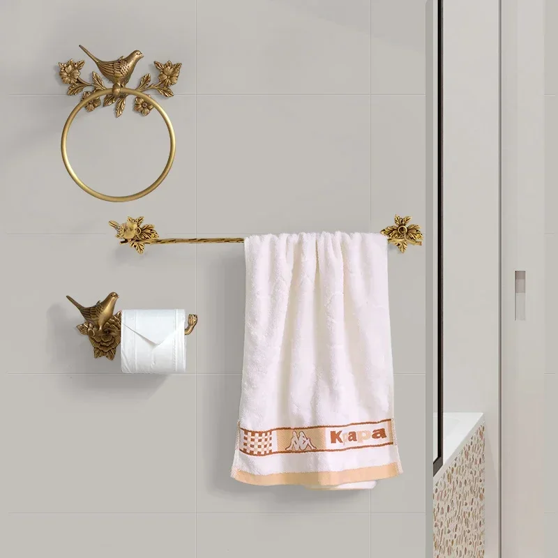 Luxury All-Copper Bathroom Accessories Retro Brass Bird Towel Ring Clear Texture Punch-Free Towel Holder Antique Bathroom Ac 3