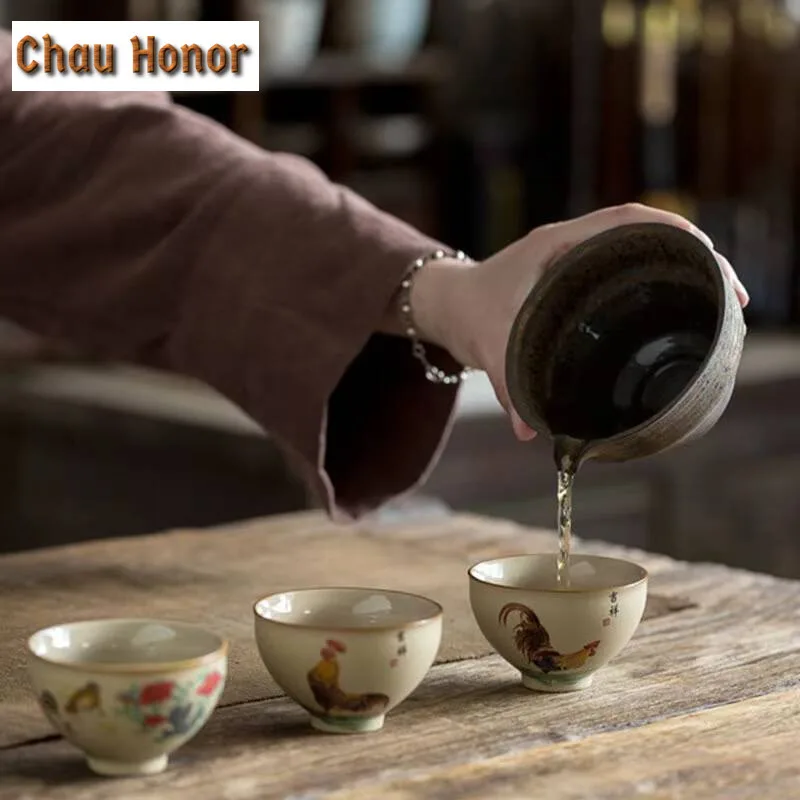 Antique Coarse Pottery Painted Chick Teacup Tea Bowl Sample Tea Cup Tea-tasting Smelling Cup Chazhan Master Cups Mug Drinkware