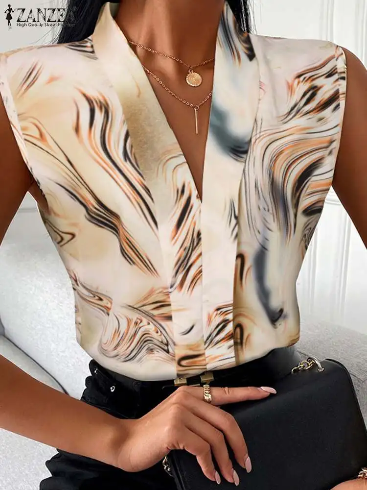 

ZANZEA Summer Women Loose V-Neck Floral Print Blouse Ladies Casual Sleeveless Tops Femininas Fashion Elegant Blusas Streetwear