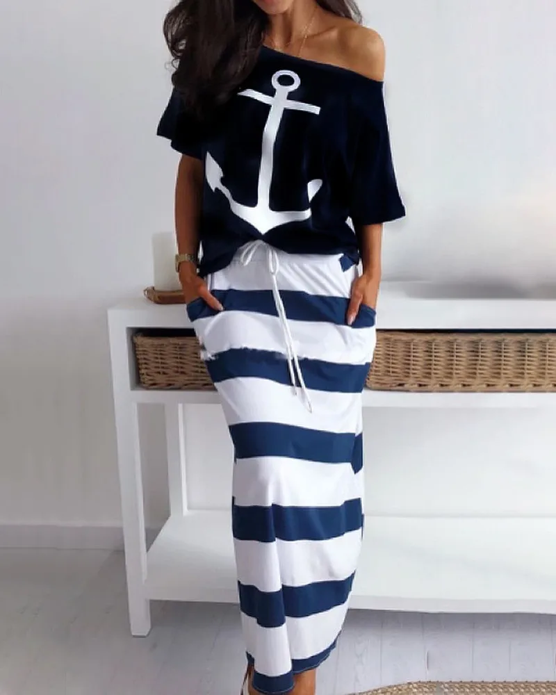 Two Piece Set Dress Women Sexy Off Shoulder Boat Anchor Print Shirt Tops Ankle-Length Striped Dress Suit Summer Casual Outfits white pant set Suits & Blazers