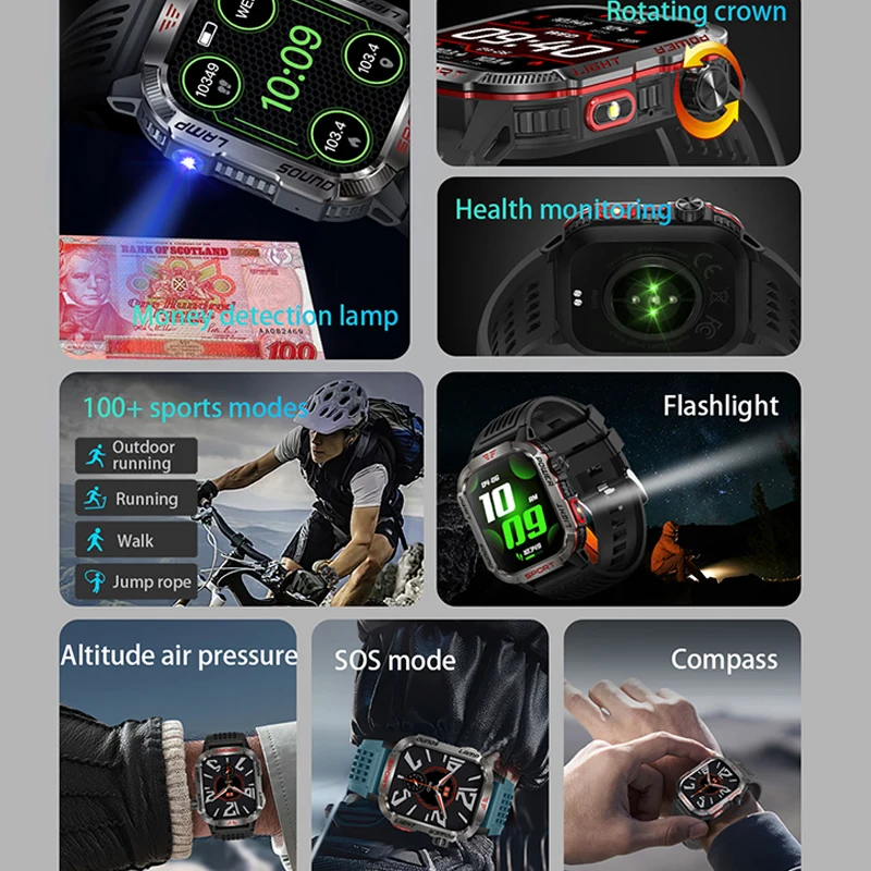 Outdoor Military GPS Smart Watch Men Flashlight 600mAh Compass Waterproof Outdoor Sport Tracker Bluetooth Call Smartwatches Man