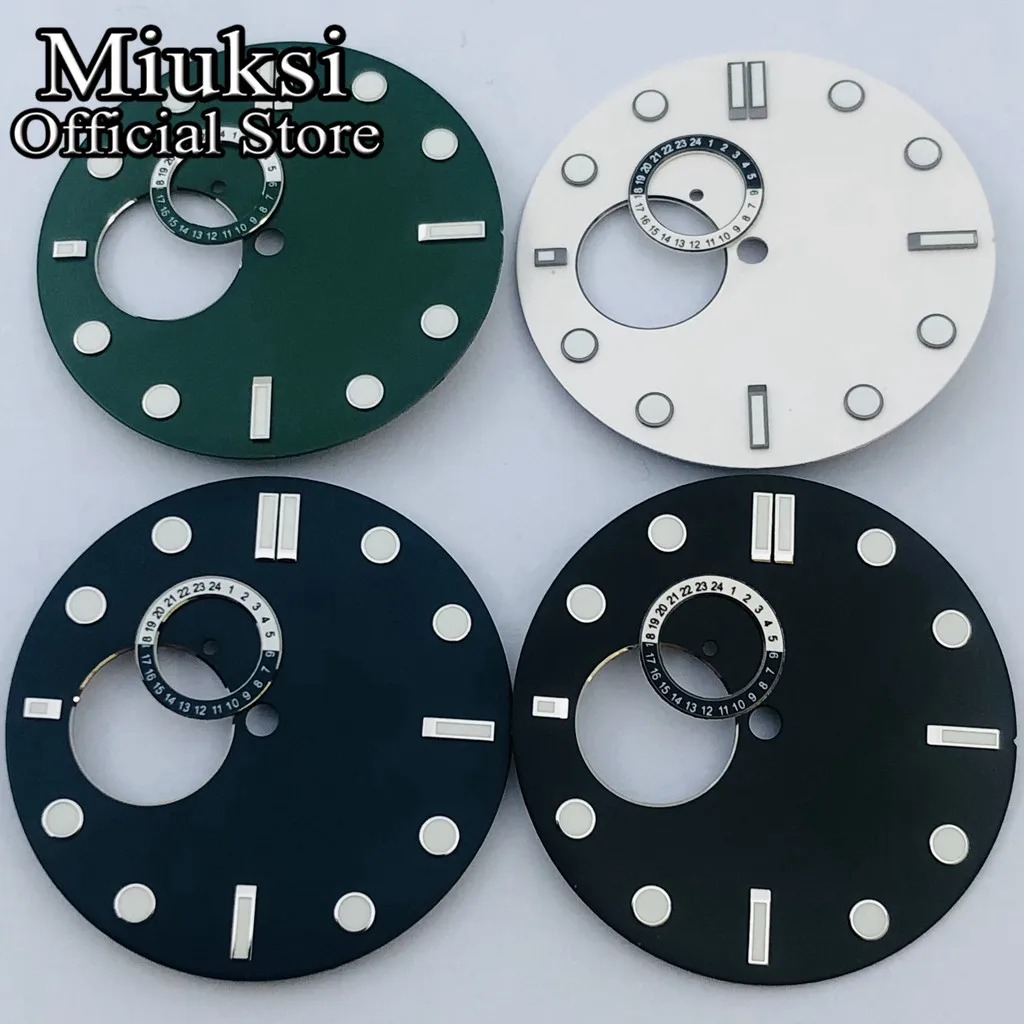 Miuksi 32mm black blue green white sterile watch dial luminous fit NH39 movement