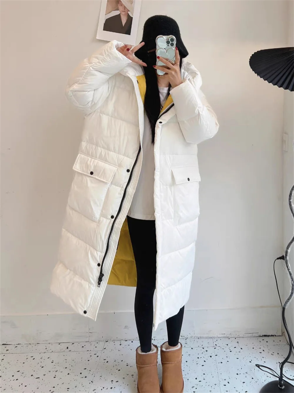 European Hooded Loose Knee Length Down Jacket for Women's Winter New Contrasting and Thickened White Duck Down Jacket 2023
