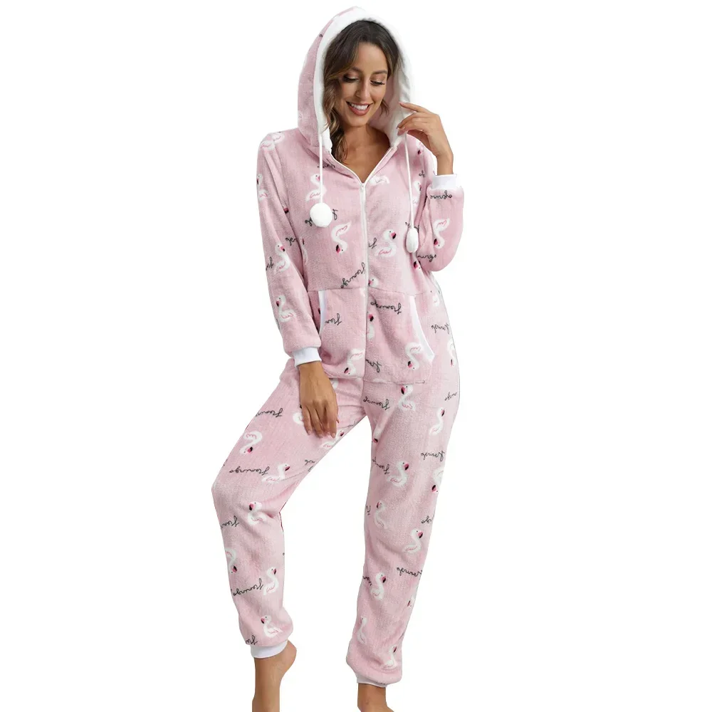 

Warm Flannel Pyjama Women Christmas Animal Print Jumpsuit Adults Winter Hoodie V-Neck Onesies Female Loungewear Zipper Sleepwear