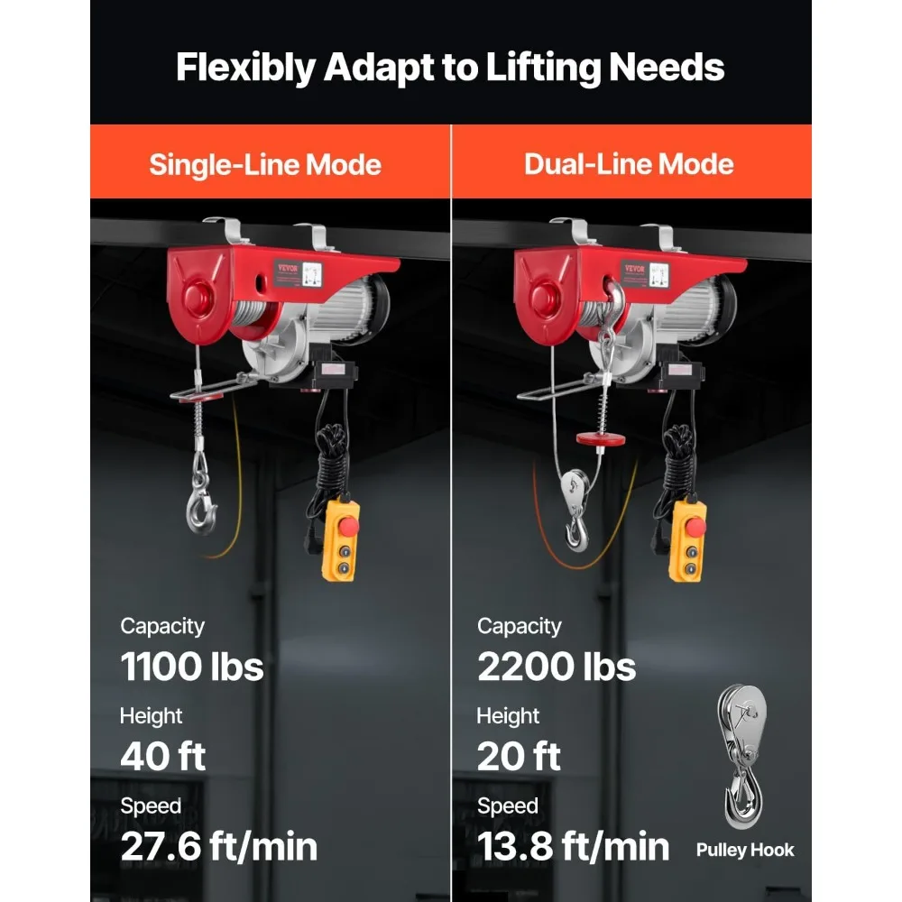 Electric Hoist, 2200 lbs 120V Electric Winch with 328 ft Wireless & 14 ft Wired Remote Control 40 ft Single Cable Lifting Height