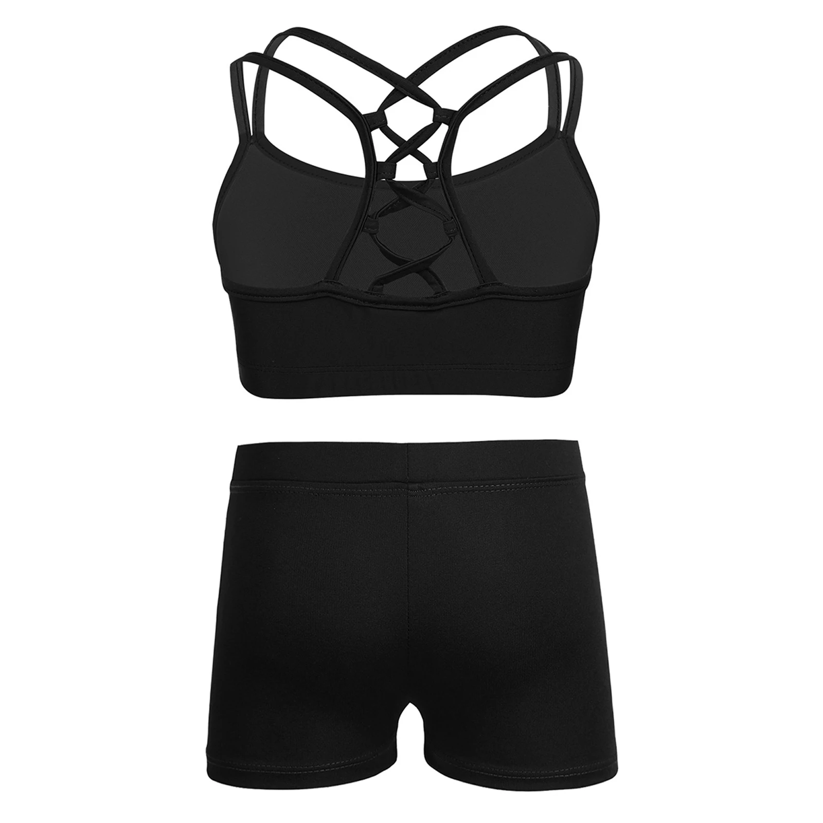 Kids Girls 2 Piece Activewear Set Strappy Sport Bra And Booty Short for Ballet Dancing Tumbling Athletic Gymnastics Workout