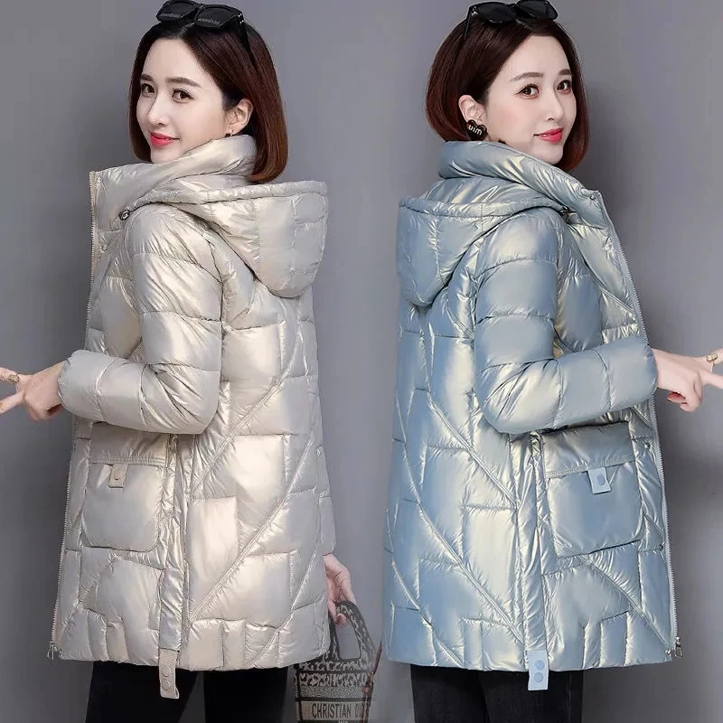 

2022 Winter Mid-length Women Hooded Padded Jacket Fashion Simple Thicken Warm Outerwear Loose Down Cotton Coats Female Clothing