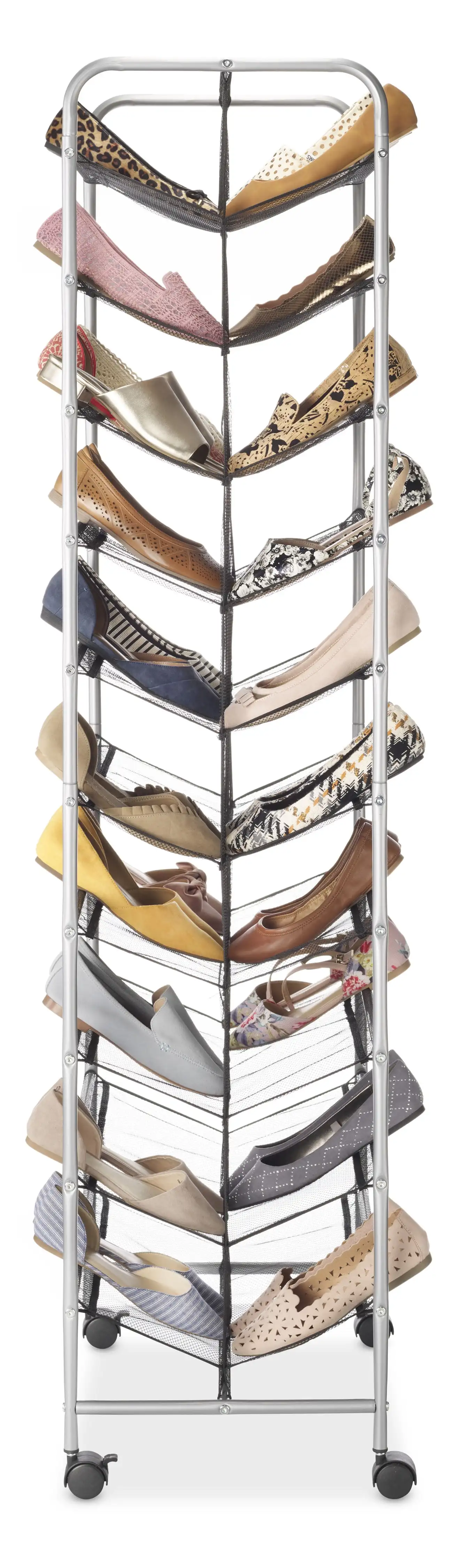 10 Tier 60 Pair Metal and Mesh Rolling Shoe Rack 4