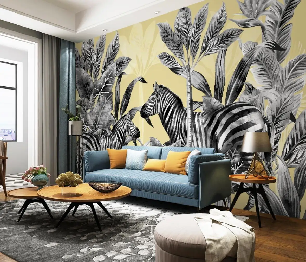 

beibehang Custom 3d wallpaper mural hand-painted Nordic tropical plant zebra landscape light luxury background wall mural