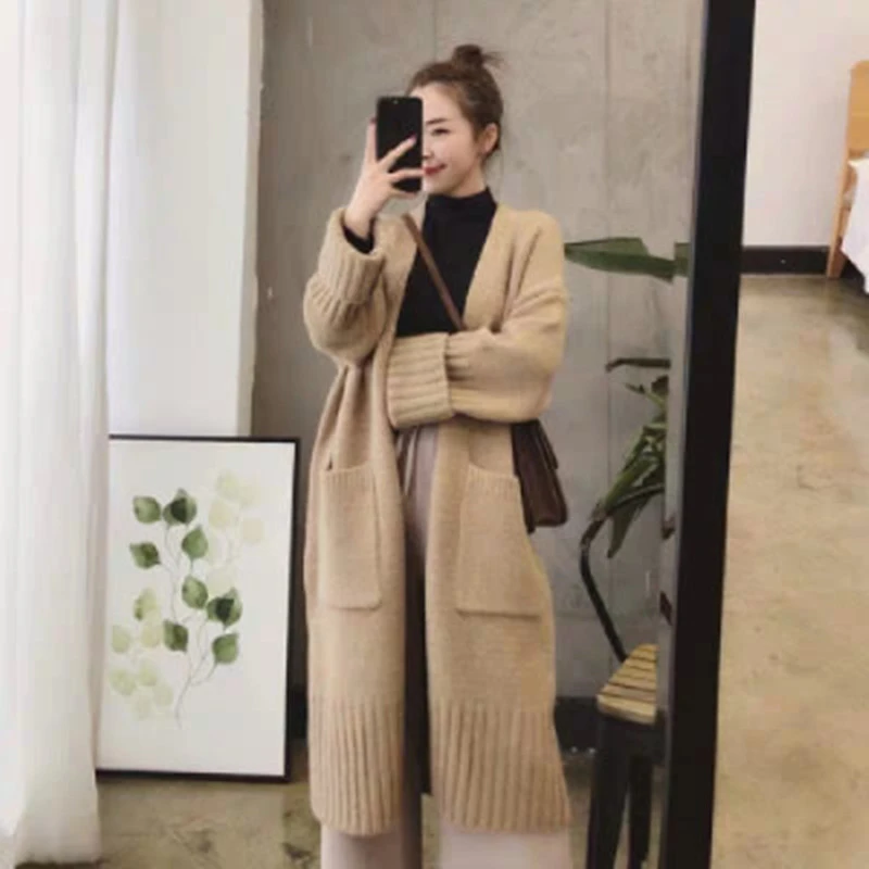 All-match Cardigan Women Long Solid Color Pockets Simple Warm Comfortable Autumn Fashion Elegant Korean Style Streetwear Female black sweater