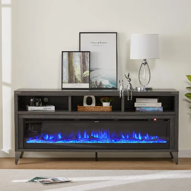 65Fireplace TV Stand with 60Glass Electric Fireplace, Industrial & Farmhouse Media Entertainment Center with Open Shelve Storage
