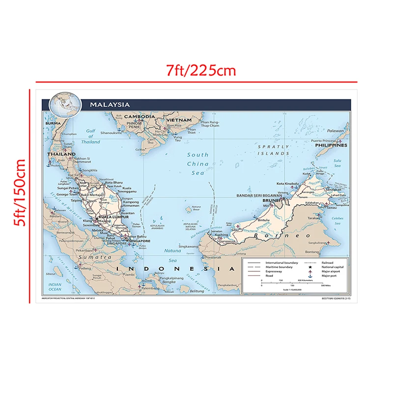 225*150cm The Malaysia Administrative Map In English Non-woven Canvas Painting Wall Unframed Poster and Print Home Decoration