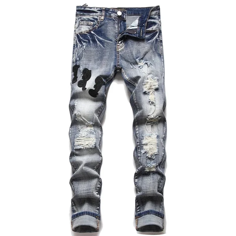Men's Jeans Ripped Embroidered Letter Star Fashion Elastic Slim Fit Feet Brand Street Motorcycle Pant Mens Jean men jeans ripped jeans ripped patchwork jeans