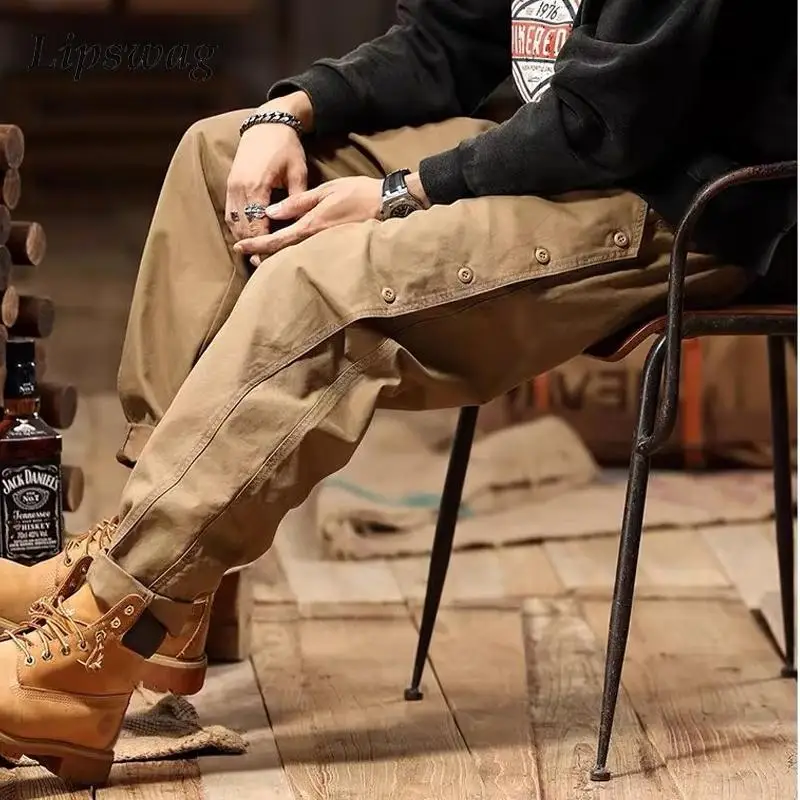 

Vintage Side Button Patchwork Cargo Pants For Men Autumn Fashion Pure Color Slim Ankle Trousers Mens Streetwear Casual Long Pant