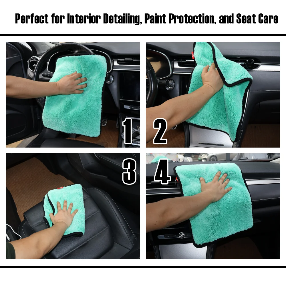 AUTOBRIGHT 40x40CM Microfiber Cleaning Towel Green Wash Towels Extra Soft for Car Cleaning Drying 1200gsm Cloth Car Wash Tools 3