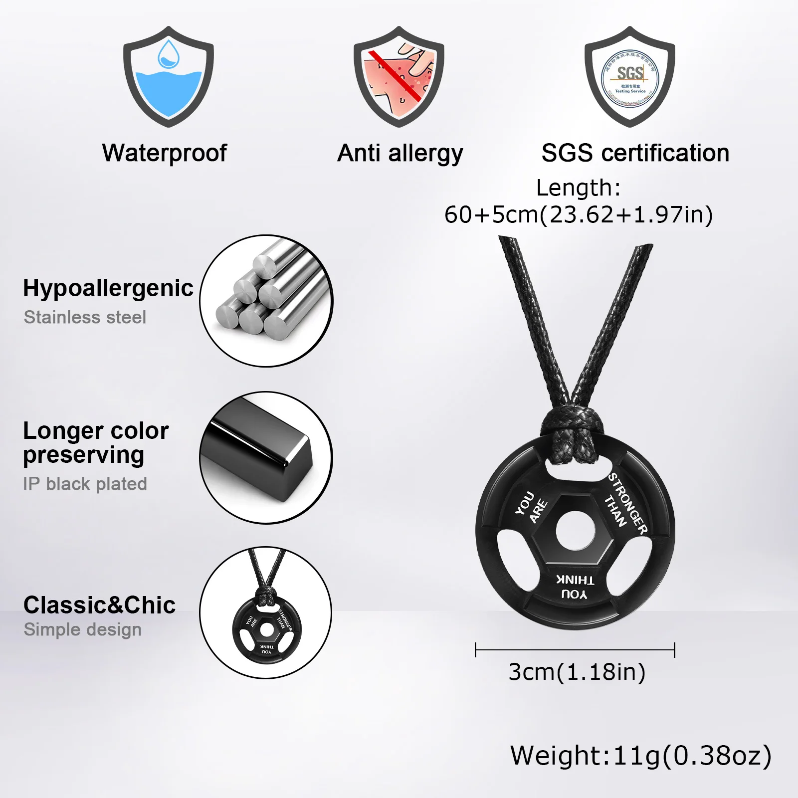 Men's Black Barbell Necklace,Chicken Soup Stainless Steel Pendant,Inspirational Wishes Jewelry Gift for Dad Son Husband