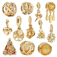 Gold plated Family Tree Festive Bell Christmas Tree Dangle Charm Beads Fit Original 925 Sterling Silver Bracelet Jewelry 1