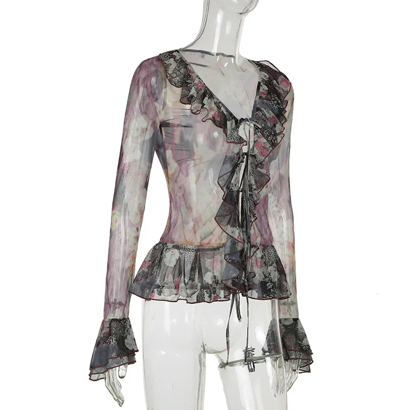 Blusa de manga larga acampanada con volantes y estampado floral para mujer, estilo grunge de los años 2000, ropa urbana Y2K