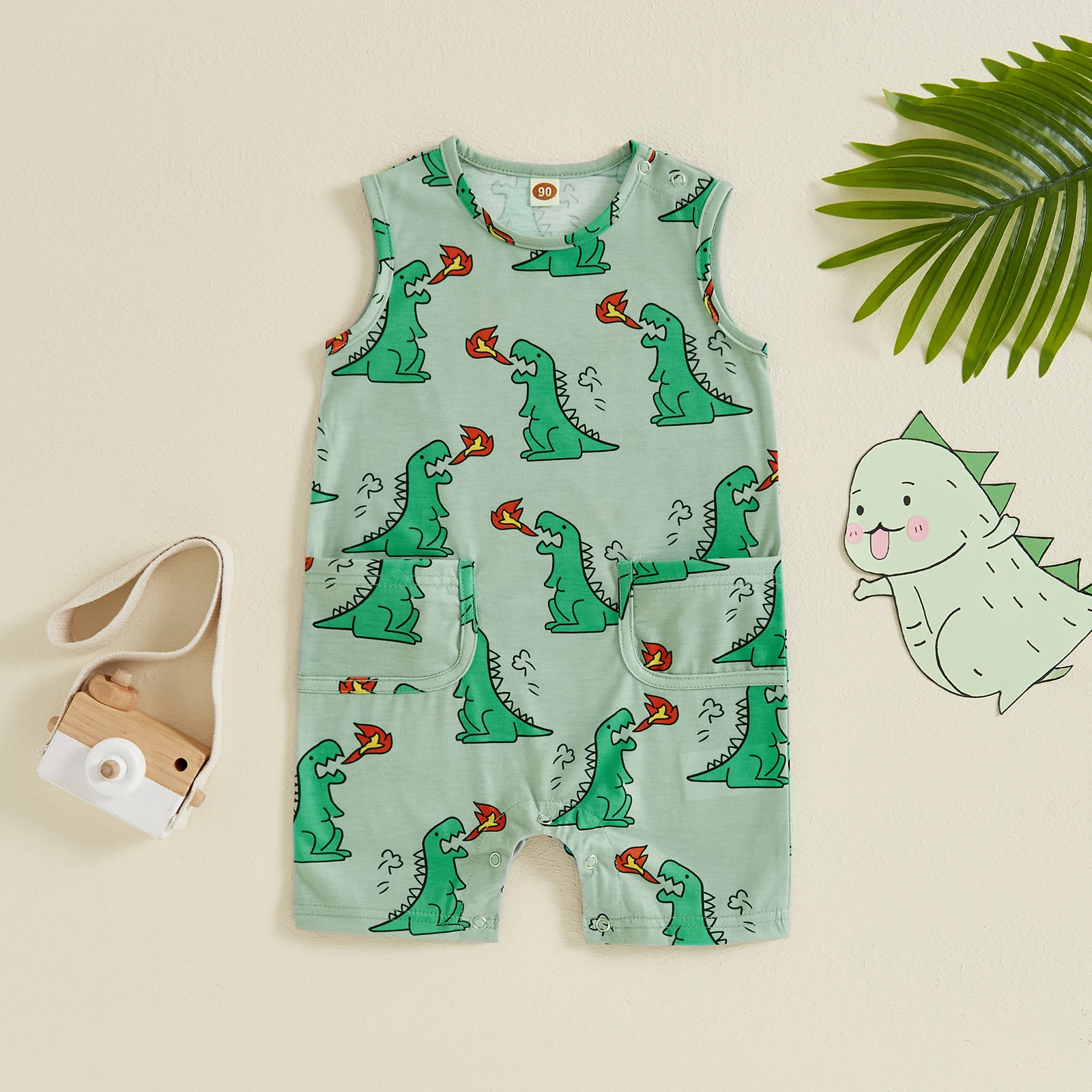 Summer Infant Baby Girl Boy Sleeveless Romper Casual Cactus Print Top Jumpsuit Pockets Overalls Clothes 6