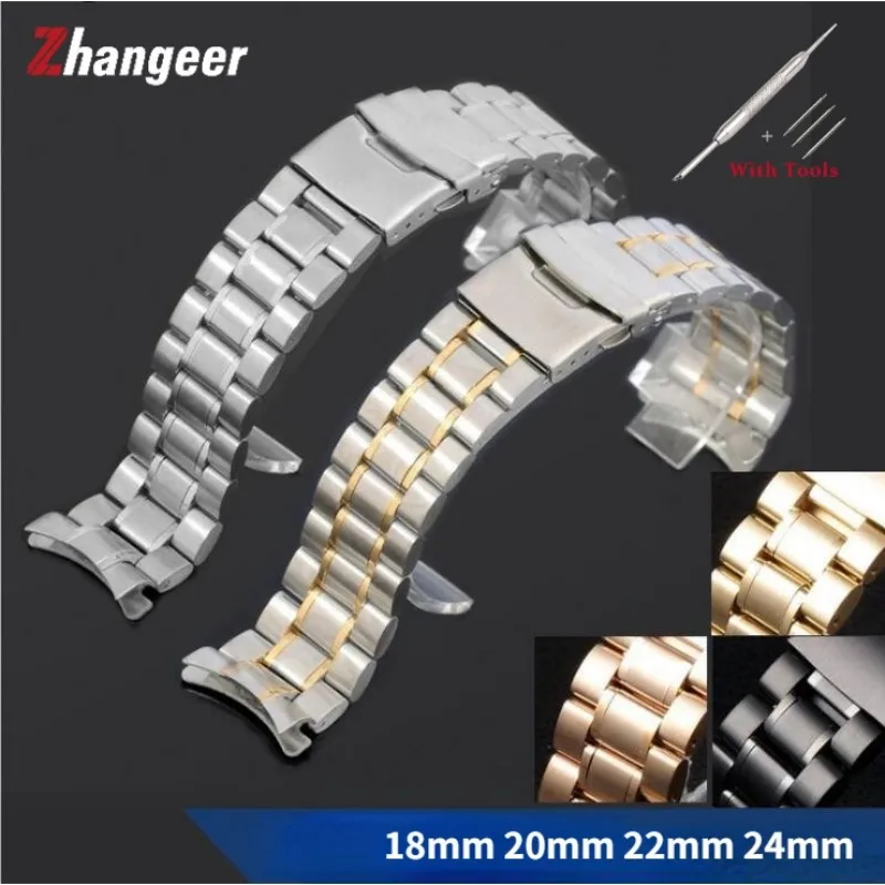 Stainless Steel Curved End Watch Strap with Double Lock Buckle