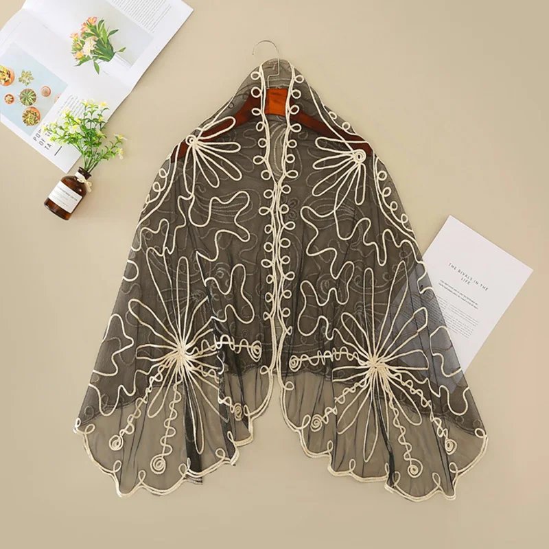 Lace Mesh Maerial Glitter Sequined Embroidery Shawl Long Design Women Sparking Scarf Sun Protection Female Capes Party Capelets