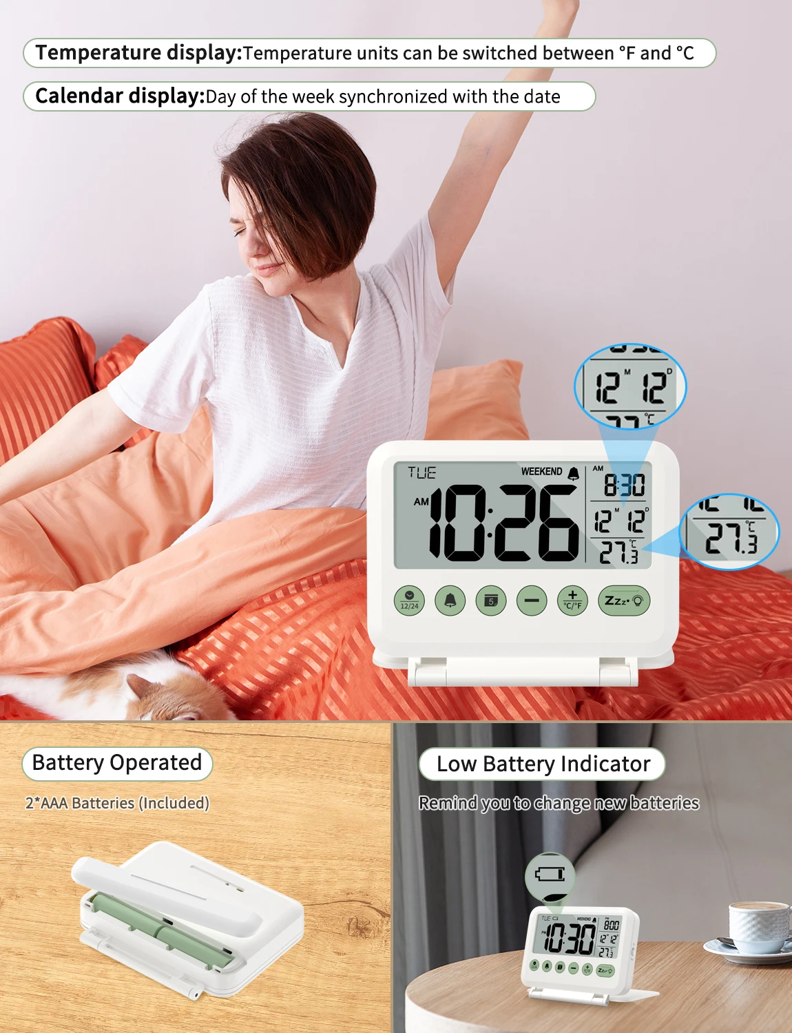 Folding Table Alarm Clock with Backlight Temperature Date Display LCD Electronic Travel Alarm Clock for Students and Adults Digital Clock Table Clock LCD Digital Clock