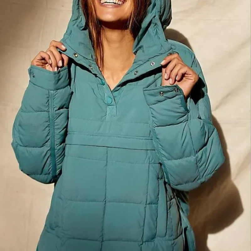Pocket Hooded Cotton Jackets Woman Chic Loose V Neck Long Sleeve Thicken Autumn Female Outerwear Pullover Tops Coats for Women