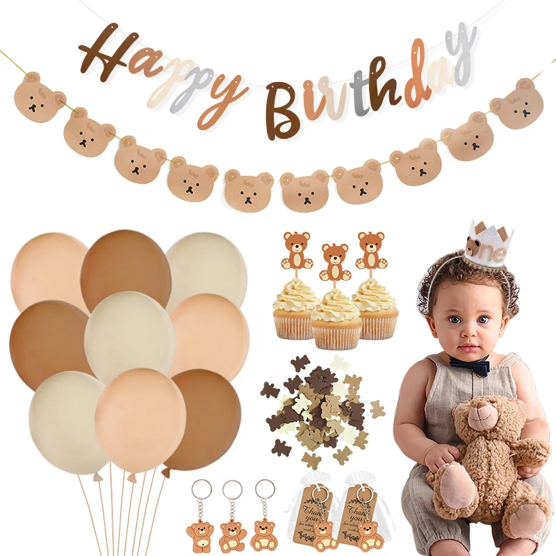 Kinder Teddybär Geburtstag Party Luftballons Papier Banner Girlande Kuchen Topper Baby Dusche Junge 1. Alles Gute zum Geburtstag Dekoration Lieferungen