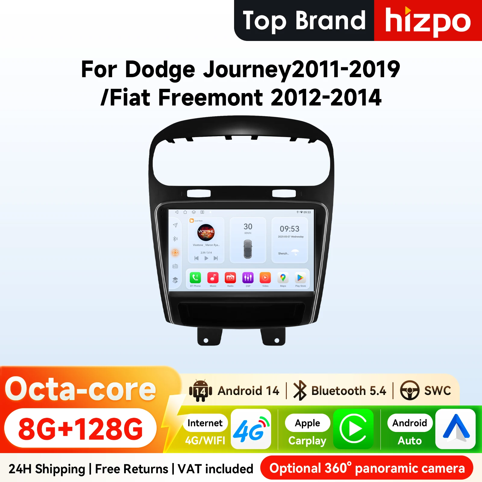 9" Hizpo CarPlay Android Auto Autoradio für Dodge Journey 2011 - 2019 FIAT Freemont 2012 - 2014 Navi GPS DSP 4G BT SWC 360 ° CAM