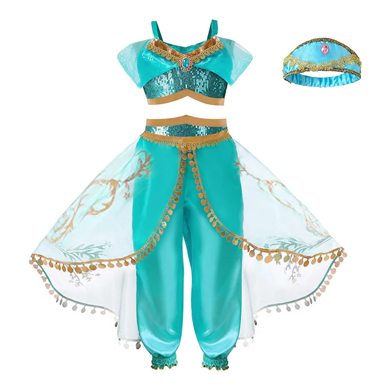 thumbnail image 1 of Disfraz de princesa Jasmine de Disney para niñas, disfraz de lámpara mágica de Aladino, fiesta de cumpleaños de Halloween para niños de 2 a 12 años, 1 of 5