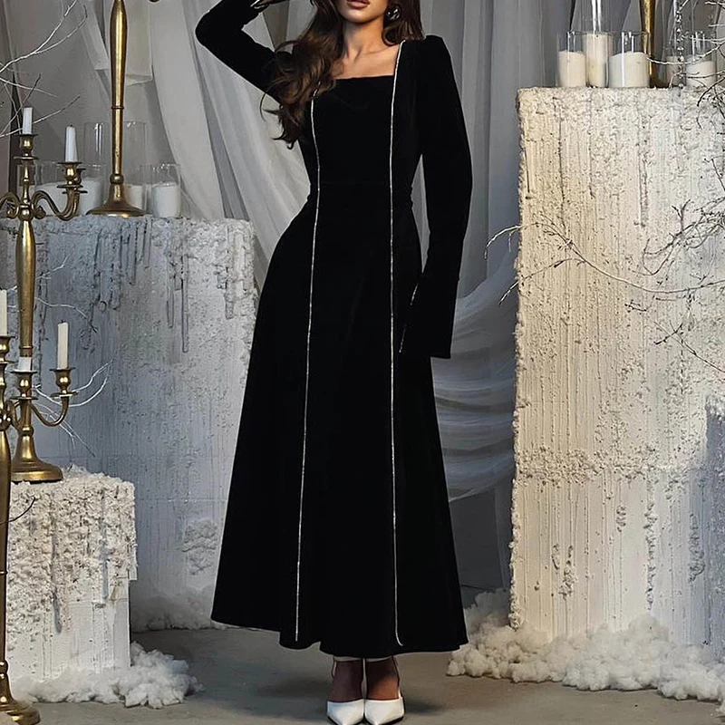 

Elegant Square Neck Velvet Party Dress Office Fashion High Waist Lace-Up Solid Maxi Dress Women Casual Long Sleeves Long Dresses