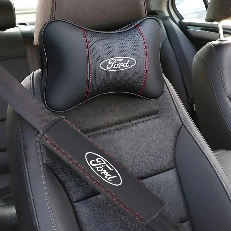 Leather Car Headrest Neck Pillow Seat Belt Shoulder Pads For Ford Ranger S-Max Focus Galaxy Mondeo Transit Tourneo Ranger