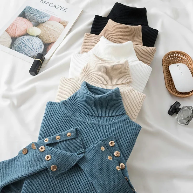 

2023 autumn winter women thick sweater pullovers long sleeve button Turtleneck chic Sweater Female Slim knit soft jumper tops