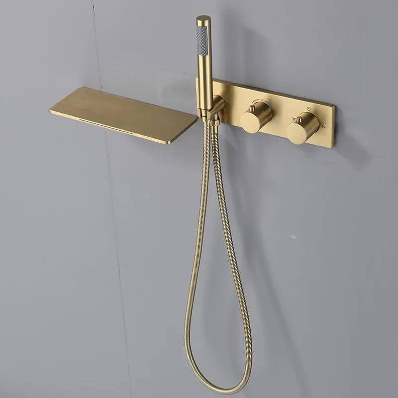 Description Picture 6 of itemBrushed Gold Thermostat Bathtub Shower Faucet Set Brass Hot & Cold Mixer Tap With Handheld In-Wall Waterfall Type Gun Gray/Black