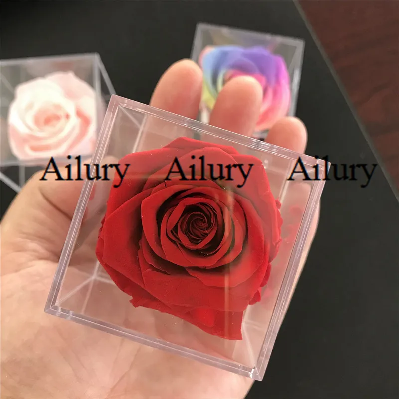 Small Colorful Red Artifical Preserved Rose Transparent Square Acrylic Flower Box 5Cm Cute Wedding Gift Valentine's Day Present ornament crafts miniature figurines resin ornaments miniature ornament craft supplies resin crafts artificial flower toys