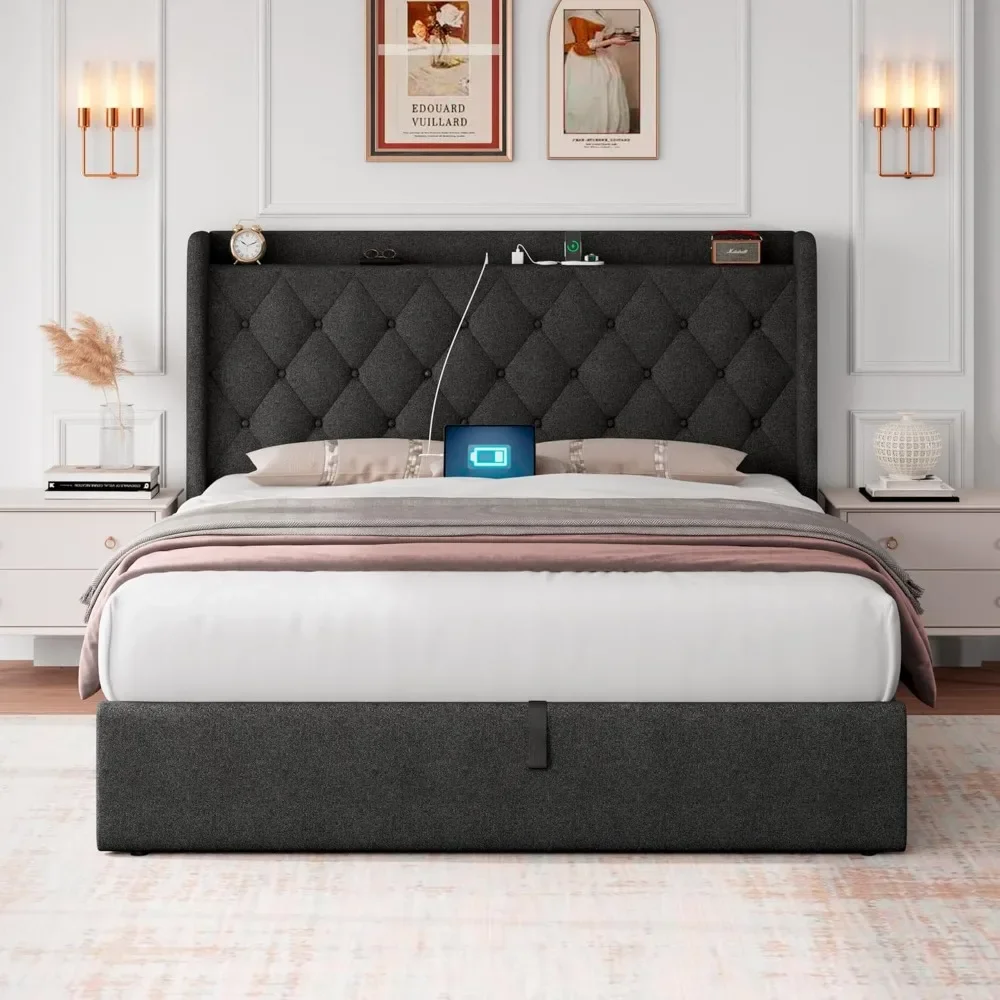 

Bed Frame Queen Size with Charging Station, Tufted Headboard, Hydraulic Storage, Lift Up Storage Upholstered Platform Bed Frame
