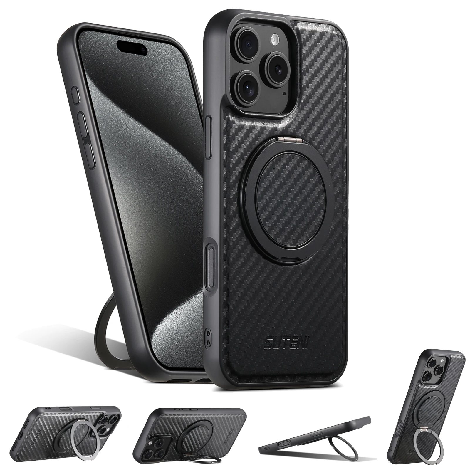 Uyumlu MagSafe Kablosuz Şarj Güçlü Manyetik 360 ° Döner Halka Standlı PU Deri Telefon Kılıfı iPhone 17 16 15 14 13 12 için