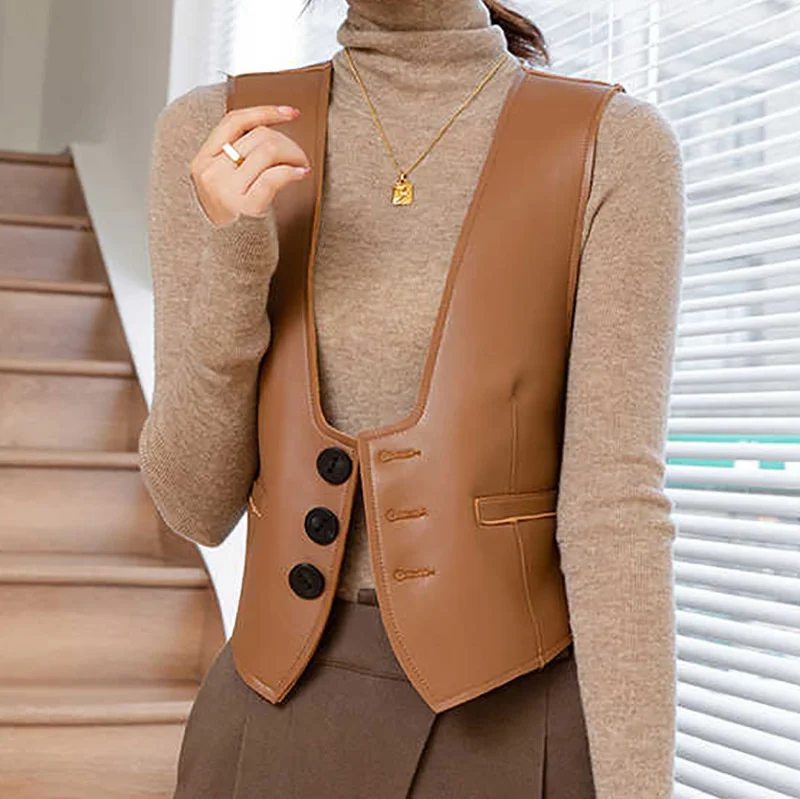 

2024 New spring and autumn waistcoat sleeveless button short waistcoat leather sheepskin leather coat women