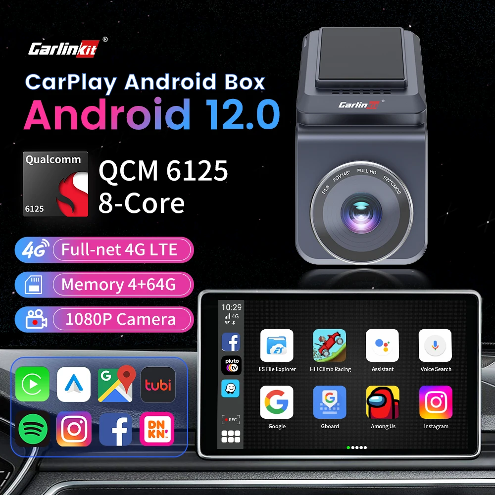Carlinkit Ai Box Carplay Android 12 Video Box Wireless Carplay Android Auto Streaming Box Per Auto 4 + 64G 4G Lte Dash Cam 1080P