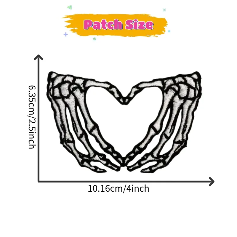 Skeleton Heart Hand Iron-On Patch - 3 Inch Embroidered Applique For Jackets, Bags & DIY Crafts (Scary/Gothic Style)