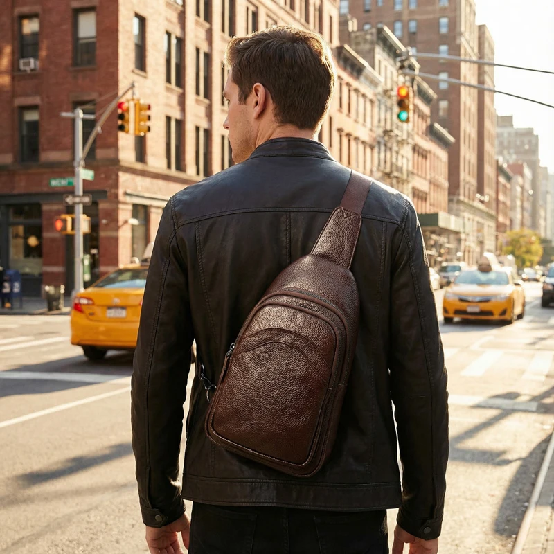 Luxury Designer Mens Genuine Top Grain Leather Chest Bag image 10