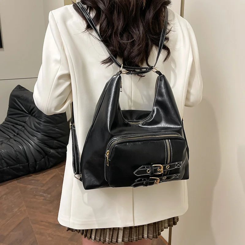 Portable PU Leather Shoulder Bag Large Capacity Casual Crossbody Bag Multifunctional Backpack For Women