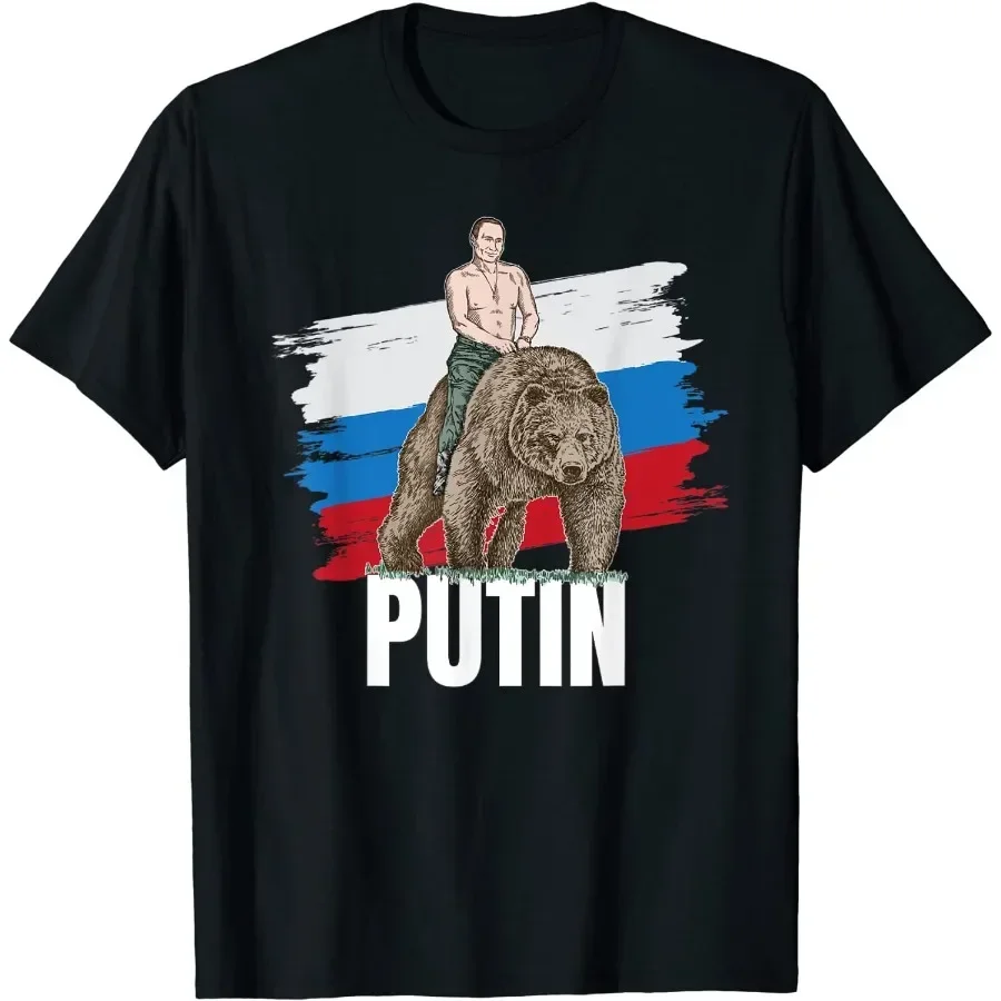 

Putin on Bear Russia President Moscow Gift Men T-Shirt Short Casual O-Neck Shirts