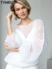 TYHRU Women's Knitted Sweaters Lady Hollow out Mesh Thin Pullover See Through Look Lantern Sleeve Loose Tops Smock 1
