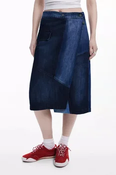 Foreign trade Spain original order new style contrasting patchwork long denim skirt micro elastic designer style