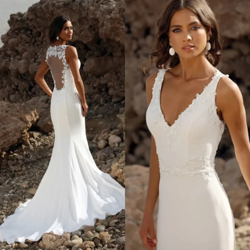 

2024 New Elegant Mermaid Wedding Dress V Neck Sleeveless Appliques Satin Illusion Back Sweep Train Bridal Gown Vestidos De Novia