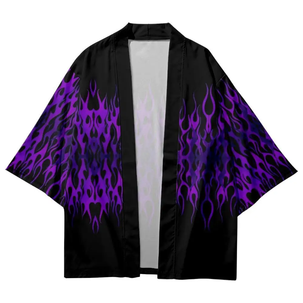 

Кимоно для мужчин и женщин, Свободный кардиган с принтом в виде фиолетового пламени, пляжные шорты, юката, Харадзюку, цвет черный, лето