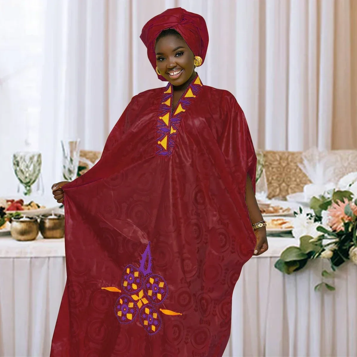 African Dress For Woman Bazin Riche Embroidery Design Floor Length Dress With Scarf african dress